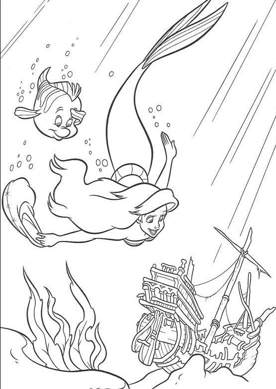 coloriage arielle la petite sirene trouve une epave